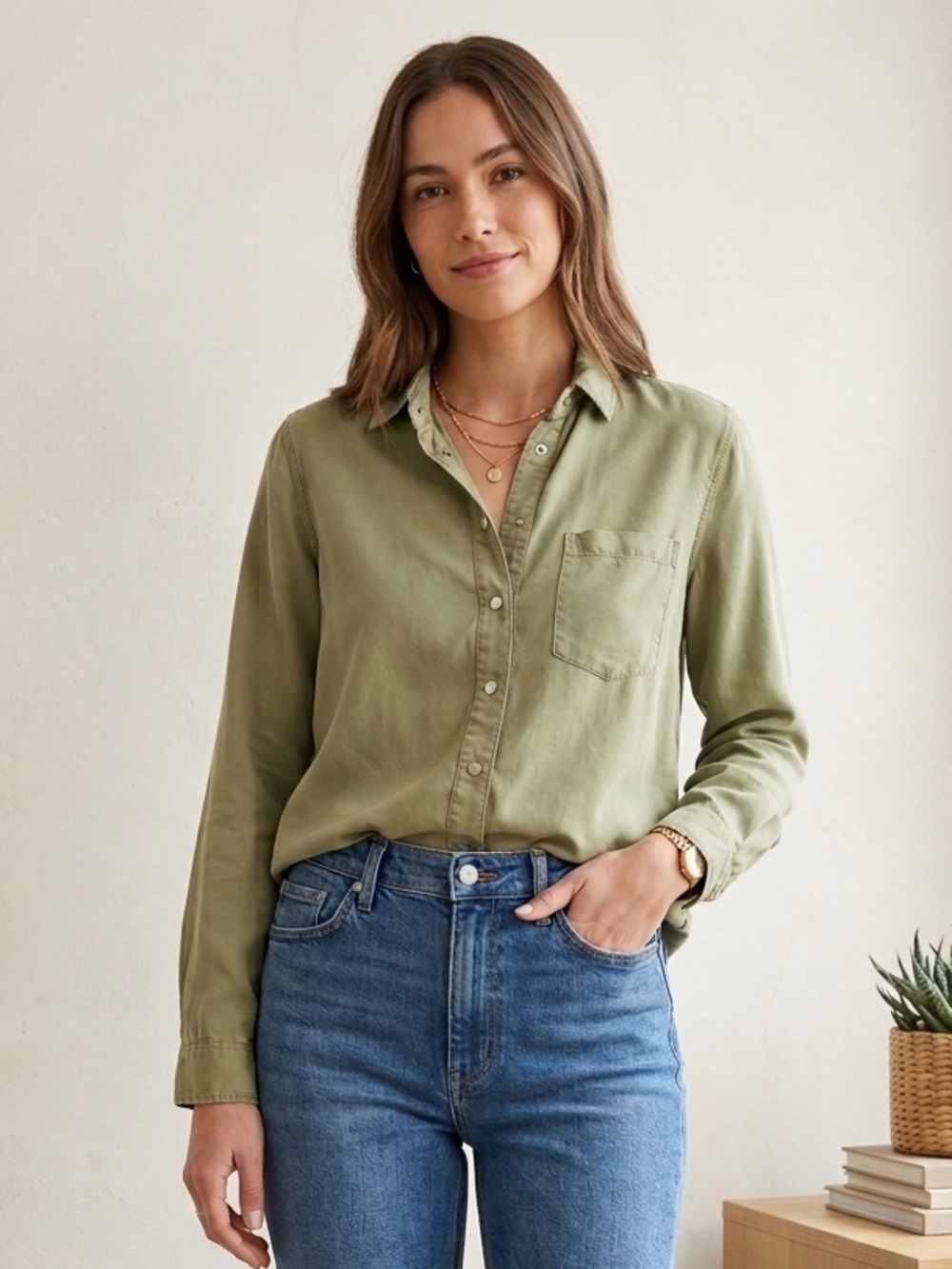 Classic Olive Green Button-Up Shirt - Women's Long Sleeve